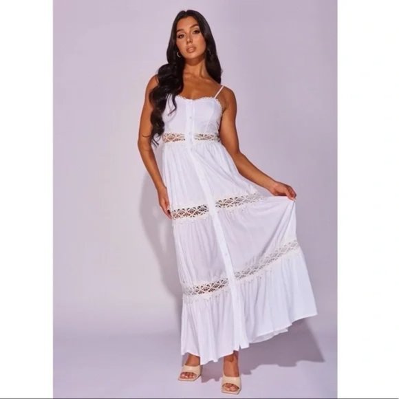 White Sleeveless V-Neck Crochet Trim Tiered Maxi Dress - Picture 6 of 9